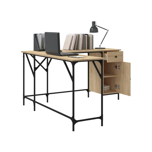 Bureau Angle Industriel Spacieux Bureau en L Bureau Métal et Chêne 1 Placard 1 Tiroir