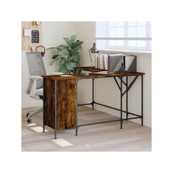 Bureau Angle Industriel Spacieux Bureau en L Bureau Métal et Chêne Fumé 1 Placard 1 Tiroir