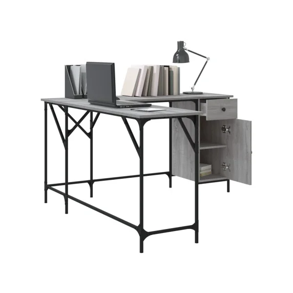Bureau Angle Industriel Spacieux Bureau en L Bureau Métal et Chêne Gris Fumé 1 Placard 1 Tiroir
