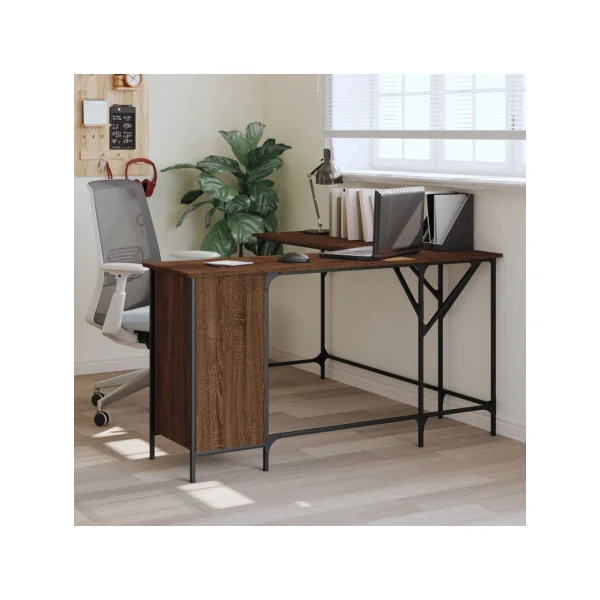 Bureau Angle Industriel Spacieux Bureau en L Bureau Métal et Marron Fumé 1 Placard 1 Tiroir