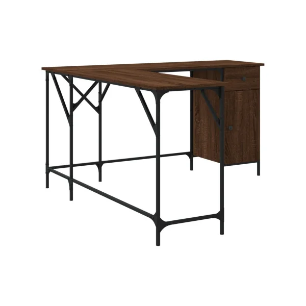 Bureau Angle Industriel Spacieux Bureau en L Bureau Métal et Marron Fumé 1 Placard 1 Tiroir