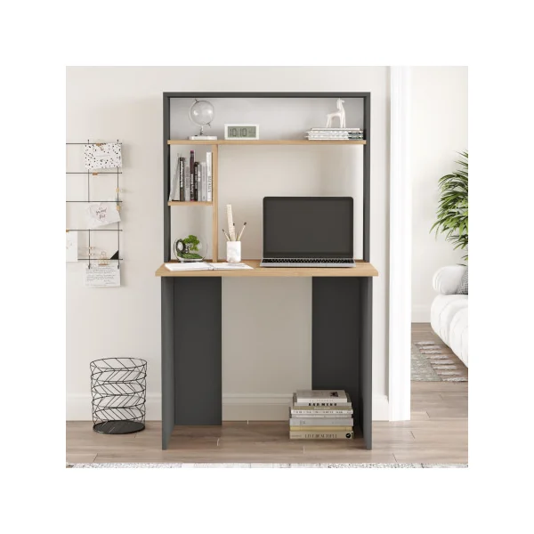 Bureau Anthracite et Chêne avec Rangement Haut Table de Travail Moderne