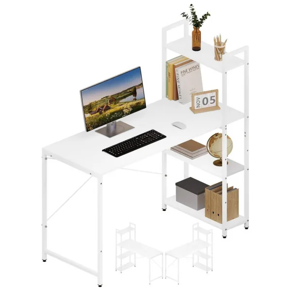 Bureau avec Étagères Latérales à 4 Niveaux Table Travail avec Rangement Brun Rustique et Blanc