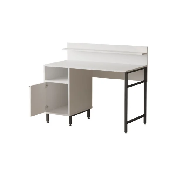 Bureau Blanc avec Etagère et Placard Rangement Bureau Informatique Pieds Acier Noir