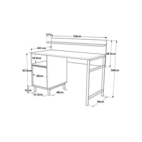 Bureau Blanc avec Etagère et Placard Rangement Bureau Informatique Pieds Acier Noir
