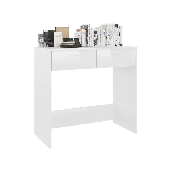 Bureau Blanc Brillant Table de Travail 2 Tiroirs Console d'Entrée Moderne