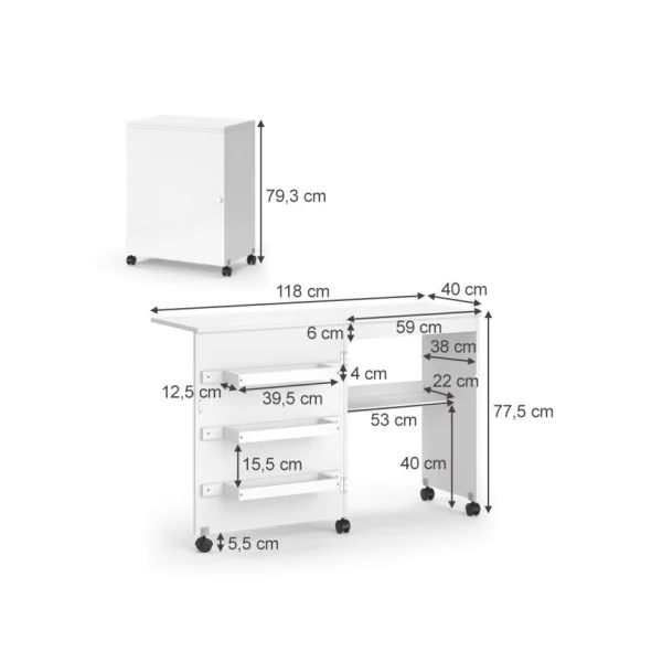 Bureau Blanc Dépliable Table de Couture sur Roulettes Bureau de Couture Table Artisanale
