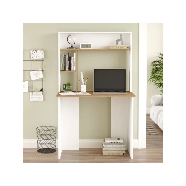 Bureau Blanc et Chêne avec Rangement Haut Table de Travail Moderne