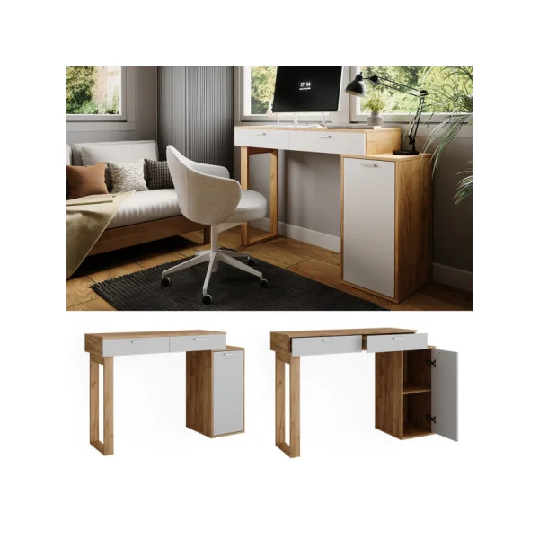 Bureau Blanc et Chêne Moderne 2 Tiroirs 1 Placard Bureau de Travail