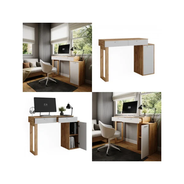 Bureau Blanc et Chêne Moderne 2 Tiroirs 1 Placard Bureau de Travail