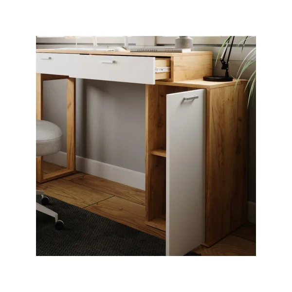 Bureau Blanc et Chêne Moderne 2 Tiroirs 1 Placard Bureau de Travail