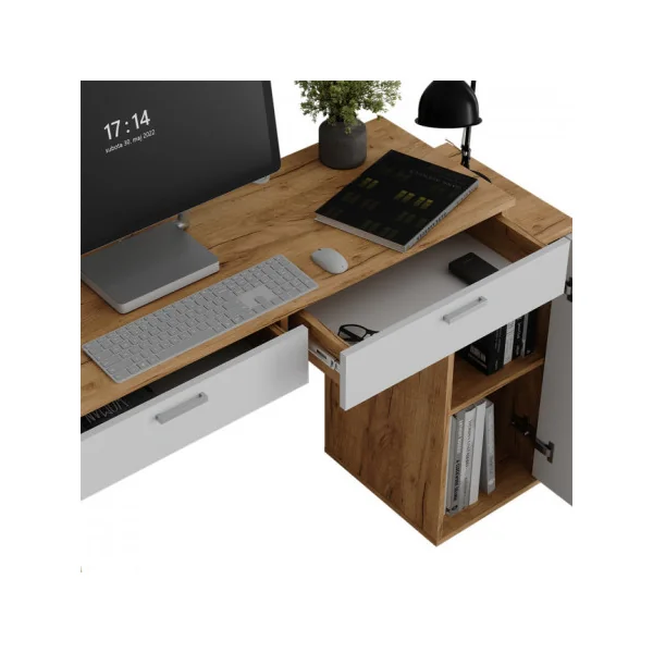 Bureau Blanc et Chêne Moderne 2 Tiroirs 1 Placard Bureau de Travail