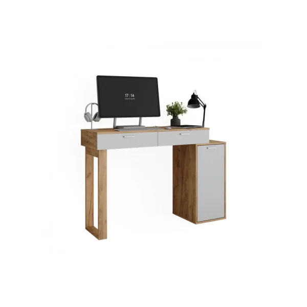 Bureau Blanc et Chêne Moderne 2 Tiroirs 1 Placard Bureau de Travail