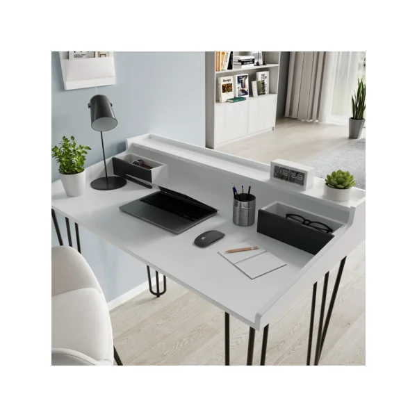 Bureau Blanc Moderne Pieds Epingles 2 Tiroirs Table de Travail Informatique