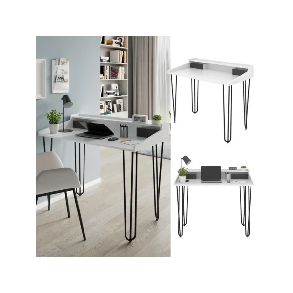 Bureau Blanc Moderne Pieds Epingles 2 Tiroirs Table de Travail Informatique