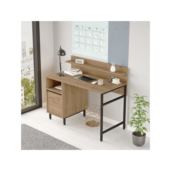 Bureau Chêne avec Etagère et Placard Rangement Bureau Informatique Pieds Acier Noir