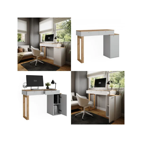 Bureau Chêne et Blanc Moderne 2 Tiroirs 1 Placard Bureau de Travail