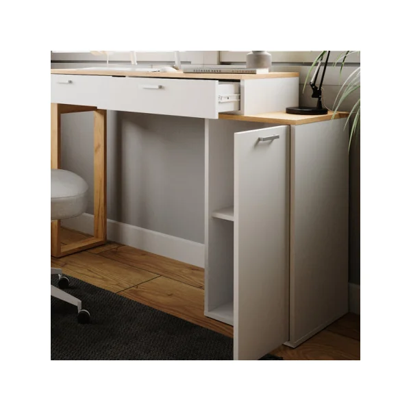 Bureau Chêne et Blanc Moderne 2 Tiroirs 1 Placard Bureau de Travail