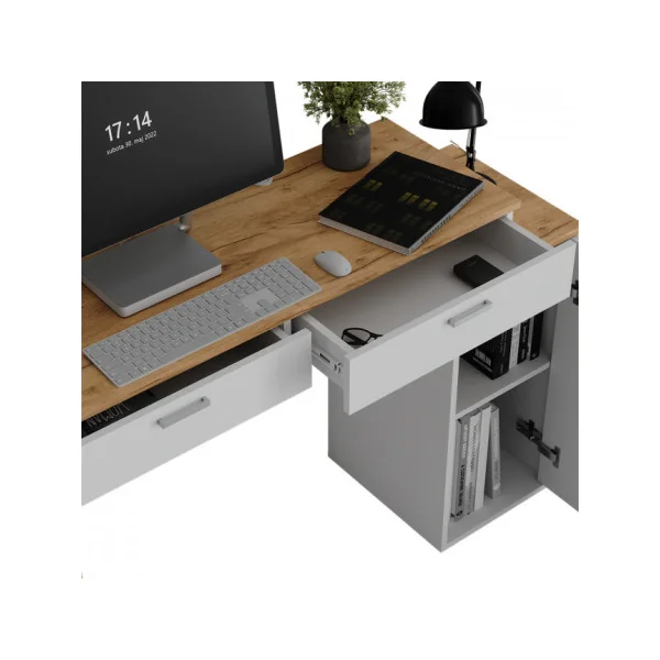 Bureau Chêne et Blanc Moderne 2 Tiroirs 1 Placard Bureau de Travail