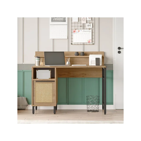 Bureau Chêne et Rotin avec Etagère et Placard Rangement Bureau Informatique Pieds Acier Noir