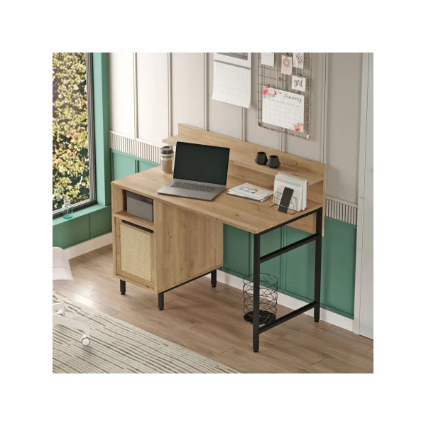Bureau Chêne et Rotin avec Etagère et Placard Rangement Bureau Informatique Pieds Acier Noir