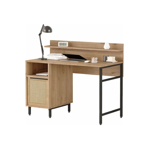 Bureau Chêne et Rotin avec Etagère et Placard Rangement Bureau Informatique Pieds Acier Noir