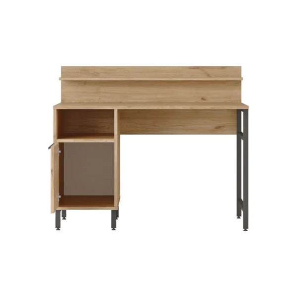 Bureau Chêne et Rotin avec Etagère et Placard Rangement Bureau Informatique Pieds Acier Noir