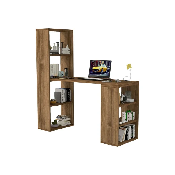 Bureau Chêne Foncé avec Etagères Poste de Travail Informatique Bureau avec Rangement