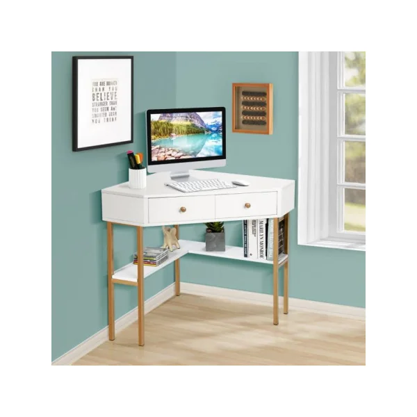 Bureau d'Angle Blanc avec 2 Tiroirs Bureau Travail Table Informatique avec Etagères