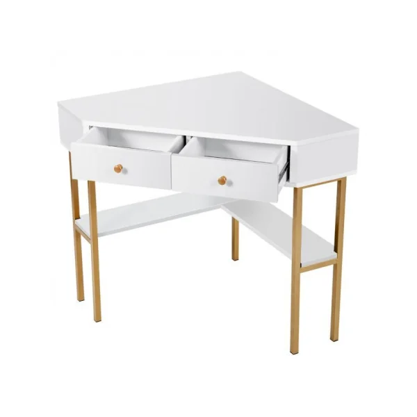 Bureau d'Angle Blanc avec 2 Tiroirs Bureau Travail Table Informatique avec Etagères