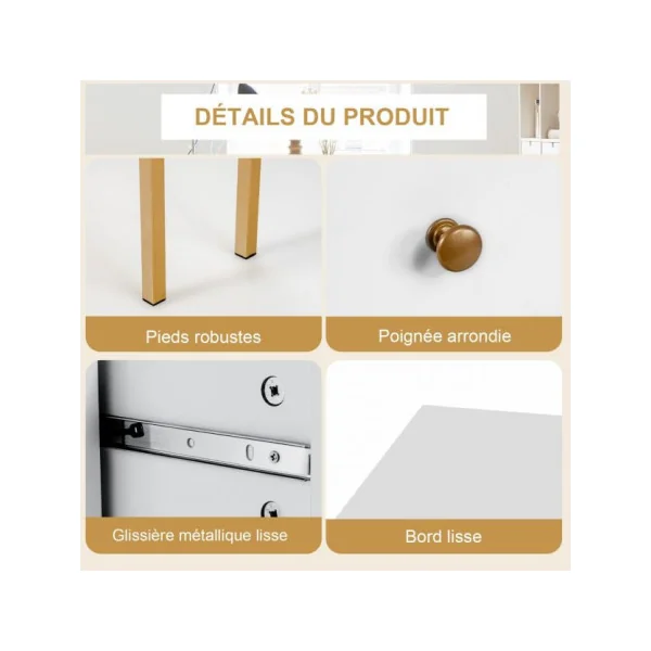 Bureau d'Angle Blanc avec 2 Tiroirs Bureau Travail Table Informatique avec Etagères