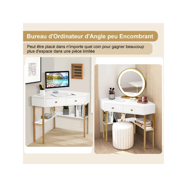 Bureau d'Angle Blanc avec 2 Tiroirs Bureau Travail Table Informatique avec Etagères