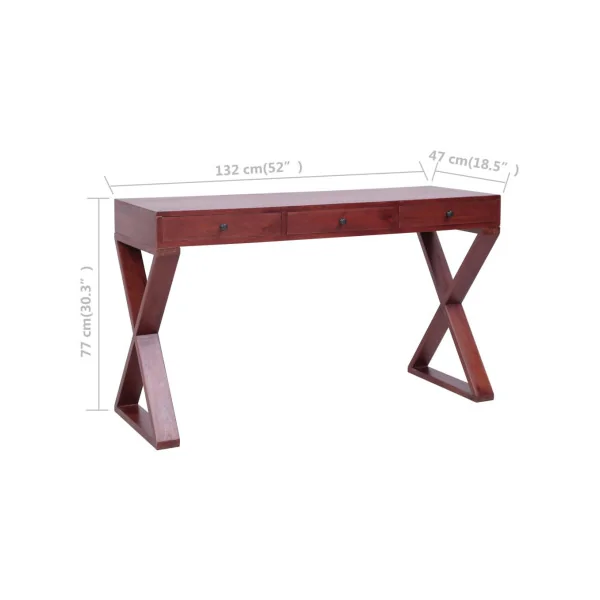 Bureau d'Ordinateur 132 cm Bordeaux Bois d'Acajou Massif Bureau de Travail 3 Tiroirs