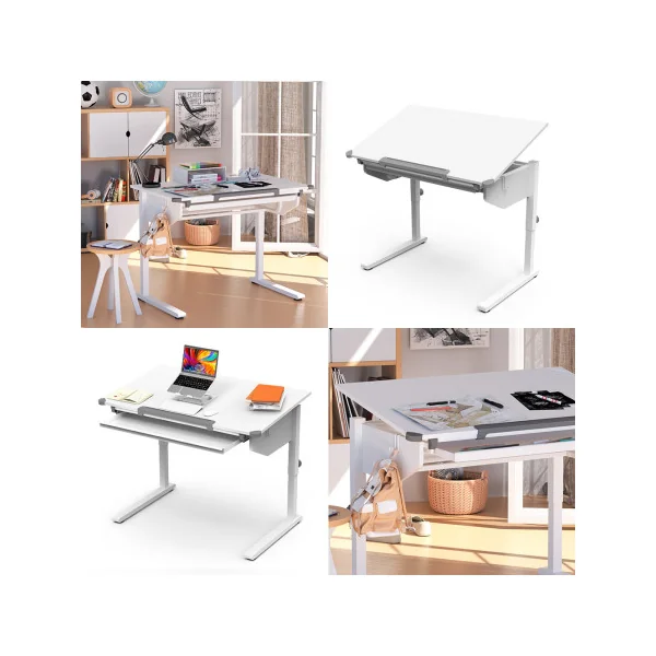 Bureau Enfant Blanc Moderne Table de Travail Réglable en Hauteur