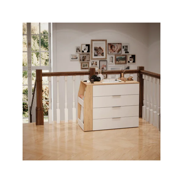 Bureau Extensible avec Commode 4 Tiroirs Blanc Chêne Moderne Bureau Gain de Place