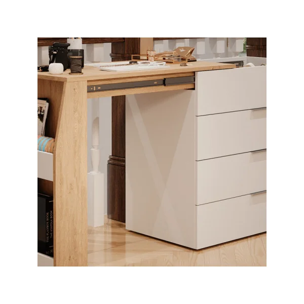Bureau Extensible avec Commode 4 Tiroirs Blanc Chêne Moderne Bureau Gain de Place