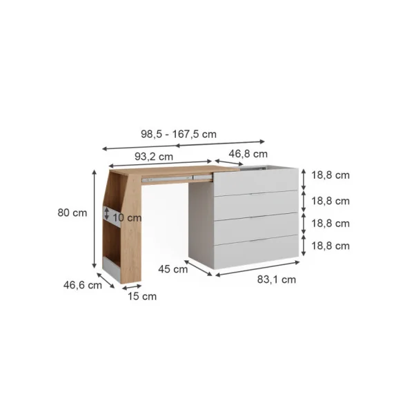 Bureau Extensible avec Commode 4 Tiroirs Blanc Chêne Moderne Bureau Gain de Place