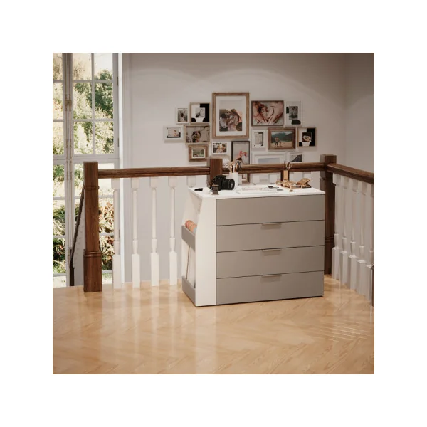 Bureau Extensible avec Commode 4 Tiroirs Blanc Gris Moderne Bureau Gain de Place