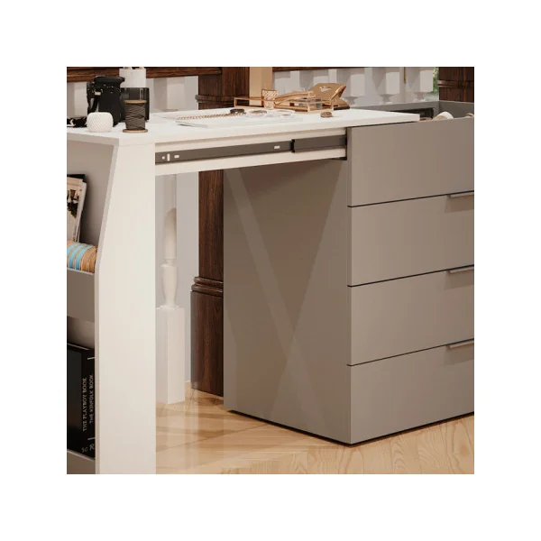 Bureau Extensible avec Commode 4 Tiroirs Blanc Gris Moderne Bureau Gain de Place