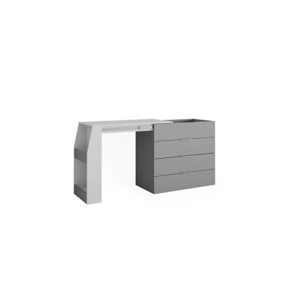 Bureau Extensible avec Commode 4 Tiroirs Blanc Gris Moderne Bureau Gain de Place