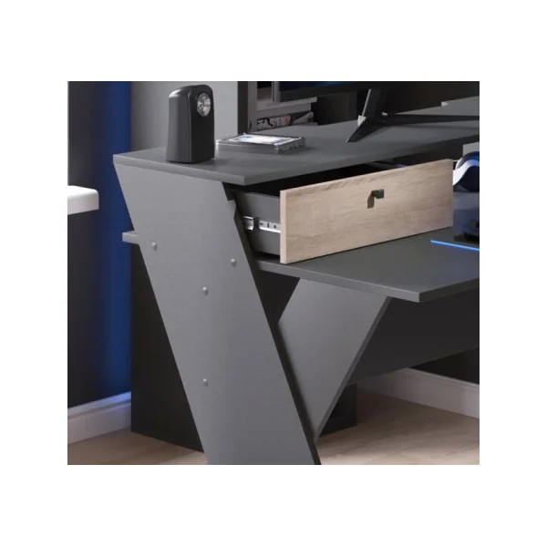 Bureau Gamer Anthracite et Chêne Table de Jeu Bureau Gaming 2 Tiroirs