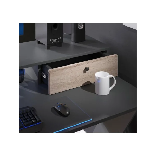 Bureau Gamer Anthracite et Chêne Table de Jeu Bureau Gaming 2 Tiroirs