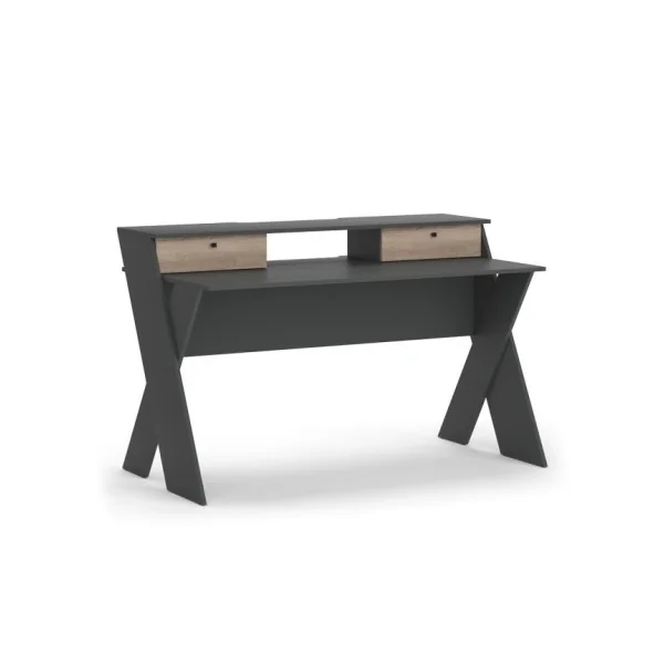 Bureau Gamer Anthracite et Chêne Table de Jeu Bureau Gaming 2 Tiroirs