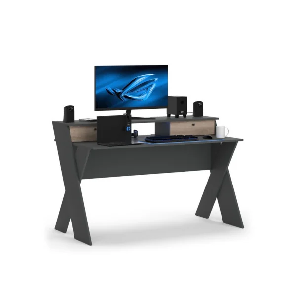 Bureau Gamer Anthracite et Chêne Table de Jeu Bureau Gaming 2 Tiroirs