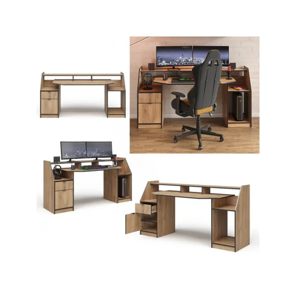 Bureau Gamer Chêne et Noir Grand Modèle Bureau de Jeu Bureau Gaming Informatique
