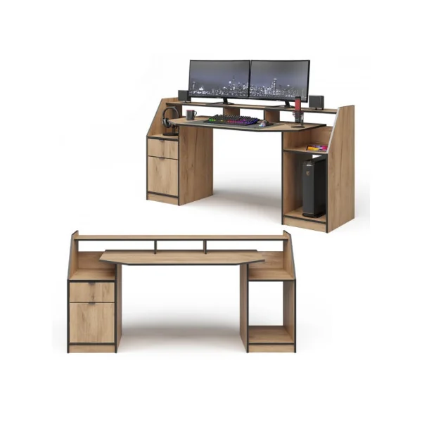 Bureau Gamer Chêne et Noir Grand Modèle Bureau de Jeu Bureau Gaming Informatique