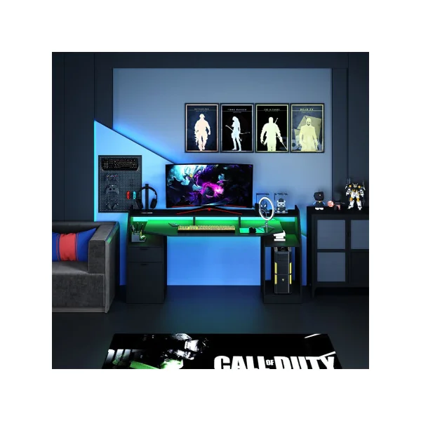Bureau Gamer Noir LED Grand Modèle Bureau de Jeu Bureau Gaming Tendance