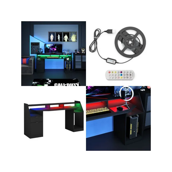 Bureau Gamer Noir LED Grand Modèle Bureau de Jeu Bureau Gaming Tendance