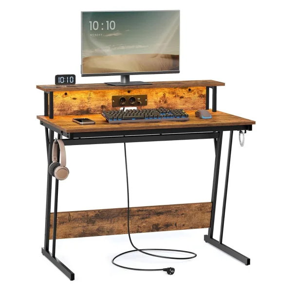 Bureau Gaming 100 cm Avec Réhausse Marron Rustique LED + Multiprise Bureau de Jeu Gamer Bureau Informatique