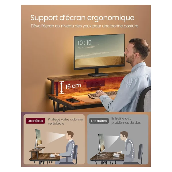 Bureau Gaming 100 cm Avec Réhausse Marron Rustique LED + Multiprise Bureau de Jeu Gamer Bureau Informatique